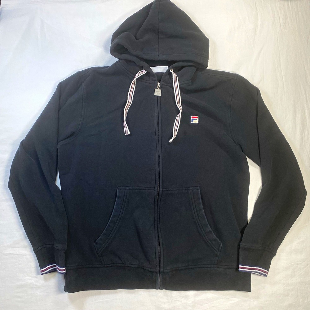 FILA Men's Black Fleece Full Zip Hoodie Logo Pockets Long Sleeve Size L